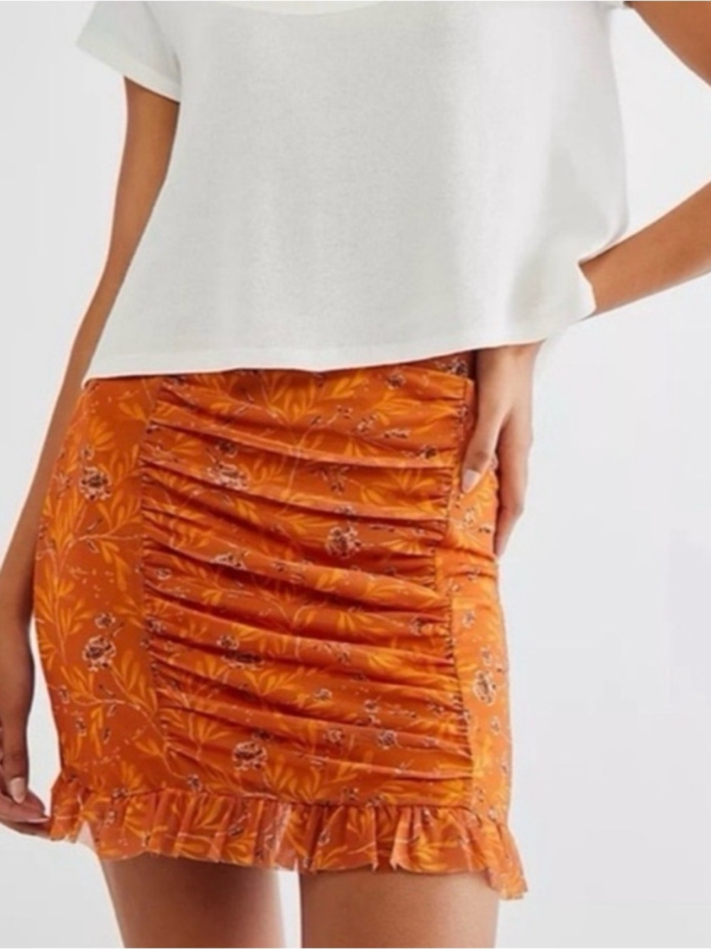 Free People Romi Mesh Ruffle Mini Skirt Orange Floral Ruched Size S